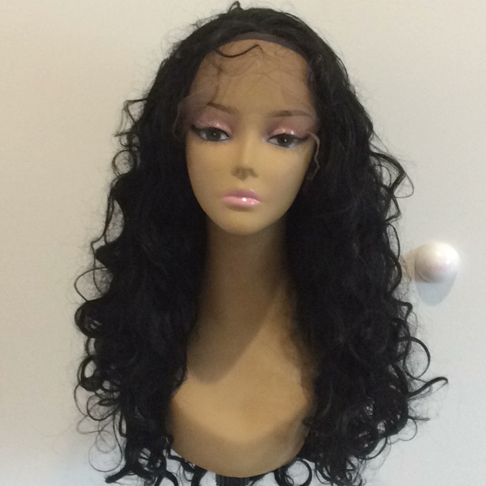 Black wavy curly lace front long wig